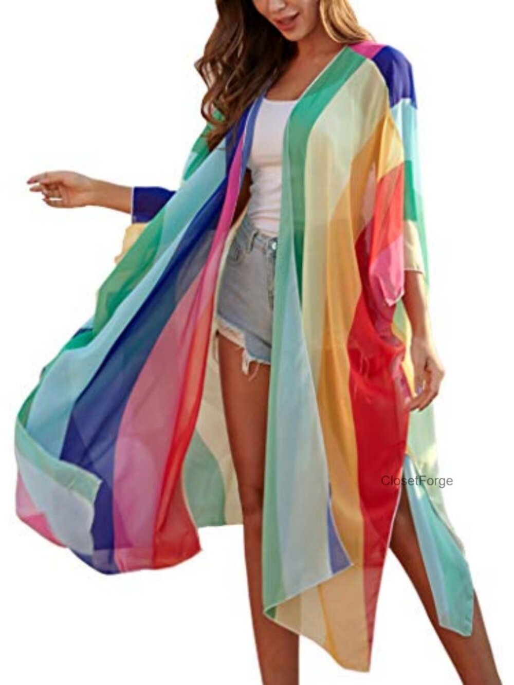 Women Chiffon Floral Kimono Swimwear Cover Up Open Front Lightweight